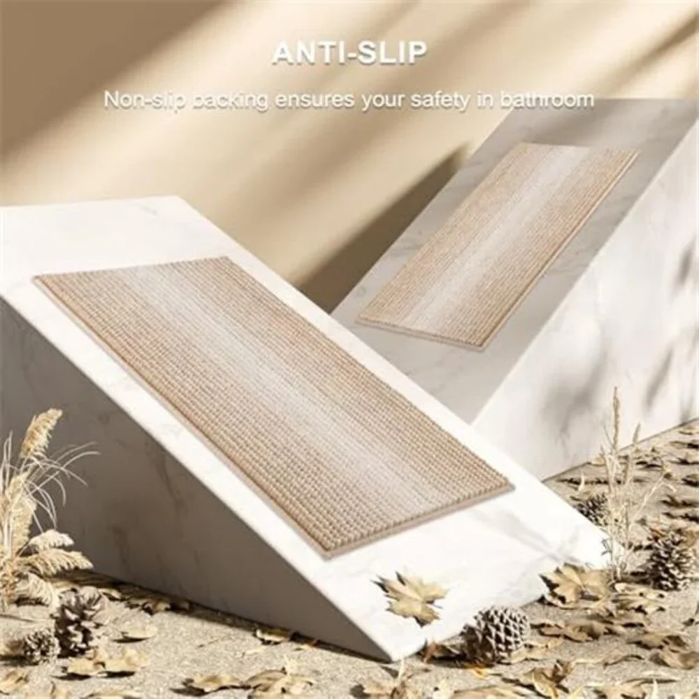 Beige Chenille Bath Rug Set Non Slip Absorbent Bathroom Mats